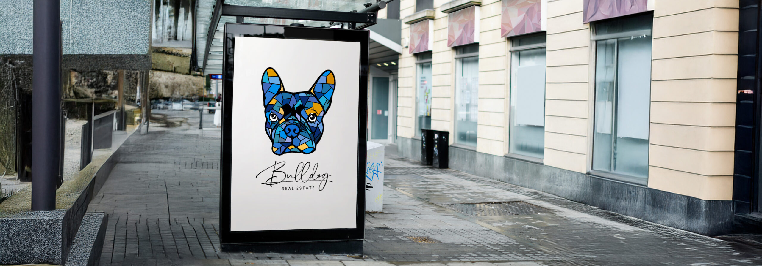 a sign from bulldog realestate on a sidewalk