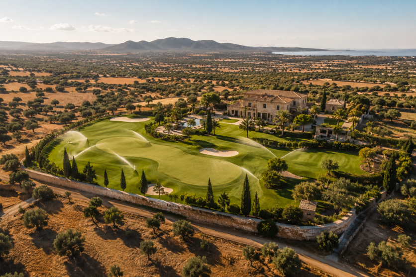 Luftaufnahme einer Luxusfinca auf Mallorca mit privatem Golfplatz und laufenden Rasensprengern. Die intensiv bewässerten Grünflächen stehen im starken Kontrast zur trockenen mediterranen Landschaft der Umgebung und symbolisieren die Debatte um Wasserverbrauch, Flächenversiegelung und den Villenboom auf Mallorca.